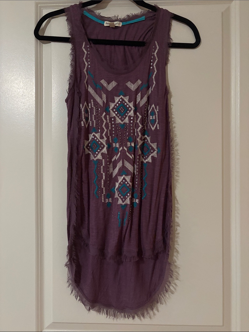 love on a hanger Purple Sleeveless High-Low Dress with Teal & White Embroidery